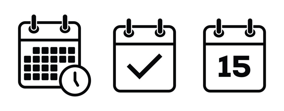 Modern calendar clock, check mark and specific date icons set with three line icons. schedule, agenda and planner event management symbols. vector illustration.
