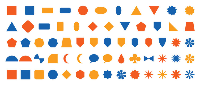 Geometric shapes vector icons design element with UI symbols. minimalist vector flat icons collection in orange, blue and yellow colors. vector illustration.