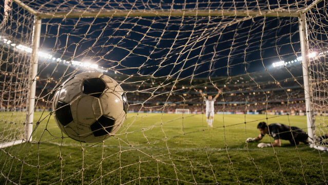 ゴールネット越しに決定的瞬間を捉えたサッカーシュート