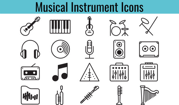 A collection of black and white line art icons representing various musical instruments, audio recording gear, and music production tools on a white background.
