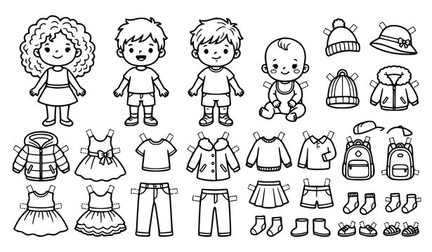 Printable Paper Doll Clothes Coloring Book Vector with Cute Kids and Baby Characters