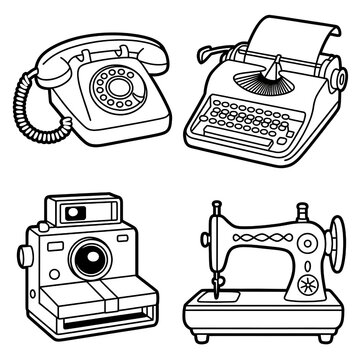 Vintage Retro Technology and Classic Appliances: Black and White Sketch of Telephone, Typewriter, Camera, Sewing Machine, Antique Objects