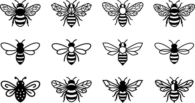 Black and white bee illustrations featuring diverse artistic styles, geometric wings, and creative insect designs for modern graphic projects