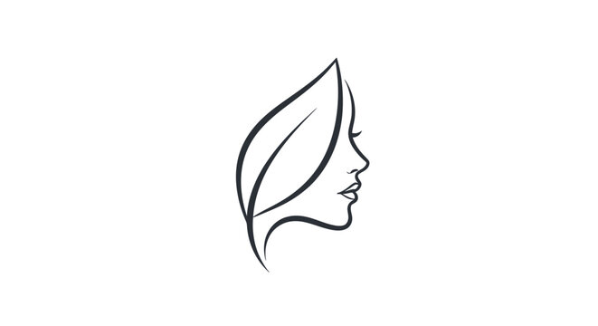 Minimalist line art icon blending a woman's serene profile with a botanical leaf, symbolizing natural beauty, organic skincare, and holistic wellness