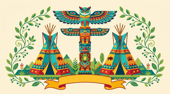 Native American Day Native American Cultural Art featuring Totem Pole, Tipis, and Decorative Foliage Garland