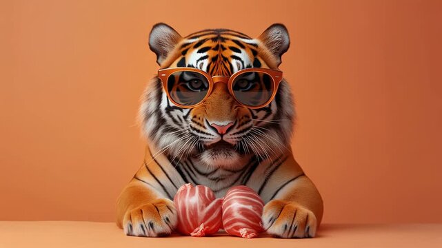 Cool Tiger Wearing Sunglasses with Meat 4K Generative AI