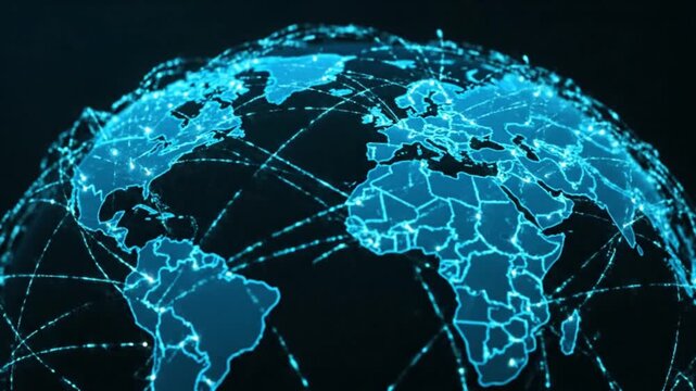 Global network connection abstract planet earth hologram with digital data lines and cyber map telemetry