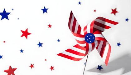 Obraz premium Patriotic pinwheel toy with red and white stripes and blue center with white stars isolated on white background