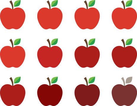 Stylized apples in gradient colors showing ripeness, aging, variation, progression, natural fruit design, healthy food, and organic concept