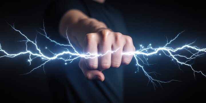 Closeup of a human fist punching forward with electric lightning bolts radiating from the knuckles
