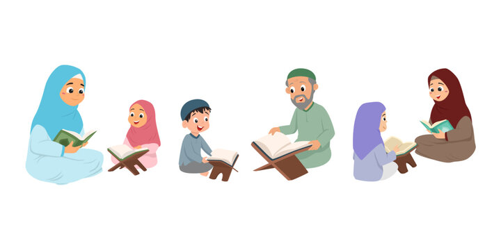 A collection of illustrations featuring a Muslim Quran teacher teaching children to read the Quran while wearing modest Islamic clothing. Suitable for Islamic education materials, religious learning