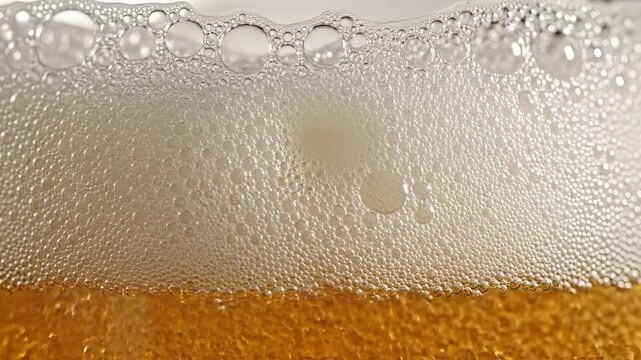 Close up of golden beer with frothy head being poured.