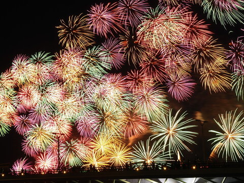 橋の向こうに見える打ち上げ花火