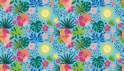 Vibrant seamless tropical pattern featuring colorful hibiscus flowers, various green palm leaves, and stylized yellow suns on a bright blue background, perfect for summer designs. © blu
