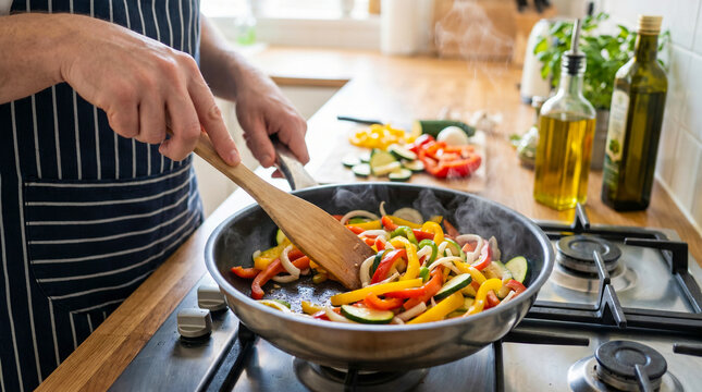 Person cooking fresh vegetables in a frying pan on a stovetop.