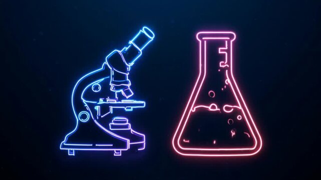 Neon science laboratory equipment microscope and flask with bubbles