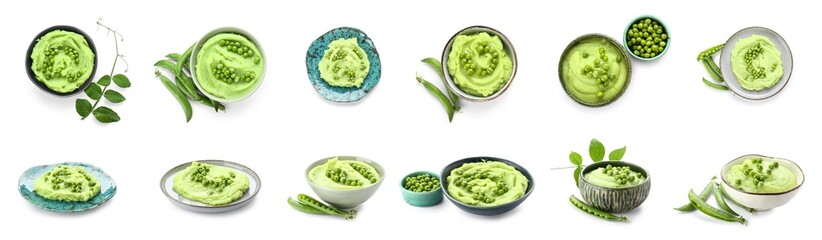 Obraz premium Set of mashed green peas on white background