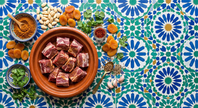 Top down flat lay of Tajine ingredients on Fes Zellij tiles, bottom right copy space