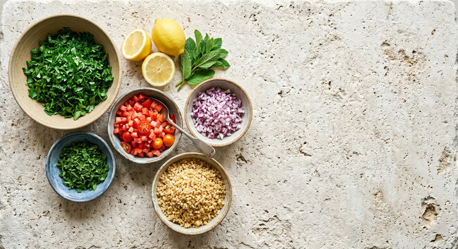 Overhead photo of Tabbouleh ingredients on Byblos limestone, bottom right copy space