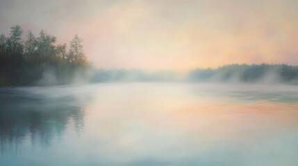 Fototapeta premium A calm lagoon at sunrise, with mist rising from the water and soft pastel colors painting the sky