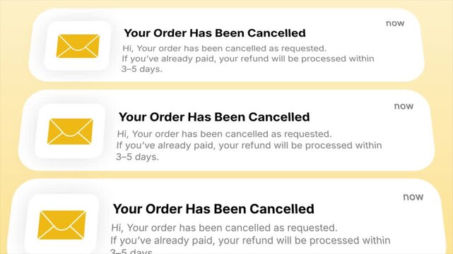 Your Order Has Been Cancelled alerts with refund information. Perfect for e-commerce, app demos, customer service, and digital communication projects.
