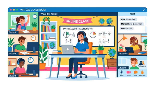 Teacher conducting online class on computer, webinar with students, virtual learning environment