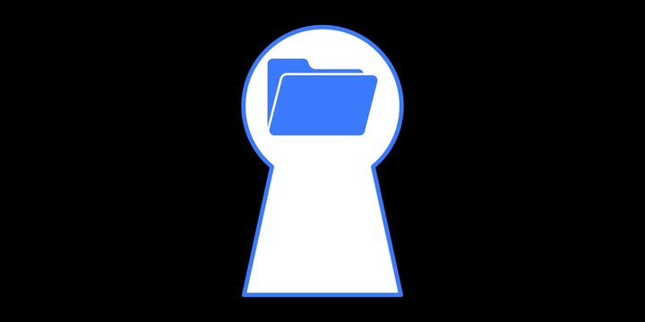 Keyhole shape containing folder symbol. Transparent access and open data concept scene. Minimal technology graphic. Clean interface element detail. Subtle reveal motion animation.