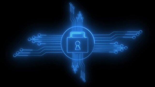 Digital data protection padlock symbol in a circuit board style futuristic graphic abstract motion with a secure tech lock icon and an internet safety concept
