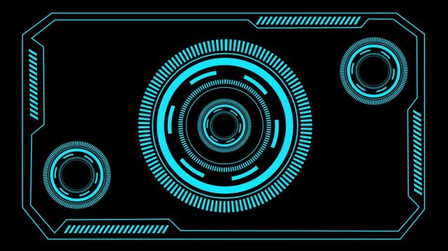 Abstract Hud interface element on black background, neon light technology digital hi- futuristic frame display with circles and moving parts, ideal for sci-fi, gaming.