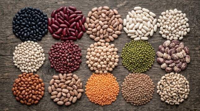 Beans Assorted of Dried Legumes and Grains Selection on Wood