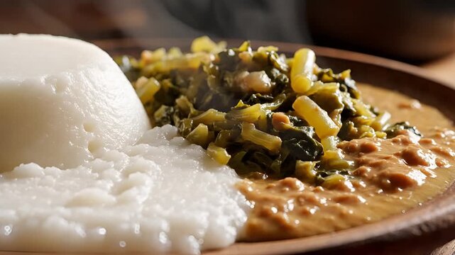 Closeup of a traditional African meal with ugali and stew.