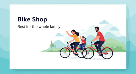Fototapeta premium Happy family of three enjoying a sunny day riding bicycles together through a beautiful hilly landscape and fresh air.