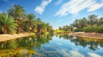 Obraz premium A calm desert oasis with clear water reflecting the surrounding palms and bright blue sky