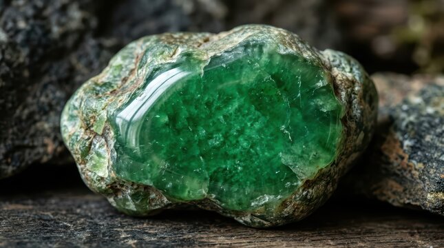 Jade Stone Gemstone on Rock Surface Close up
