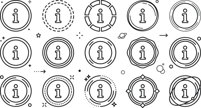 Information badge and circular icon collection featuring help support interface symbols and modern decorative vector elements set