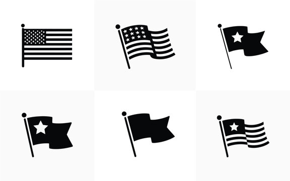 Collection of minimalist american flag icons and generic flag designs in black and white
