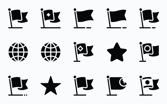 A modern flat design icon bundle for websites and apps featuring flags stars and globes for business navigation and communication