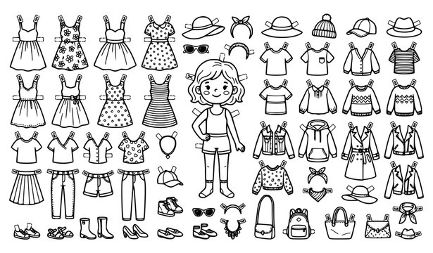 Cute Fashion Paper Doll Clothes Outline Vector for Dress Up Coloring Book Activity