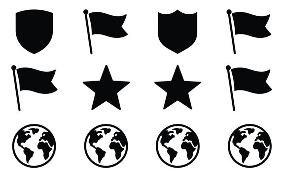 World flag day badge set with shields stars and globes on white background