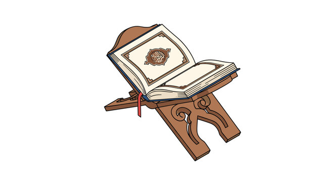 Open holy book with Arabic calligraphy resting on a carved wooden lectern known as a rehal against a white background.