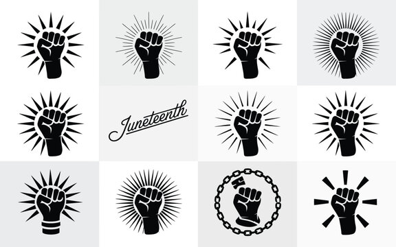 Elegant juneteenth silhouette collection black fists and sunbursts on white background
