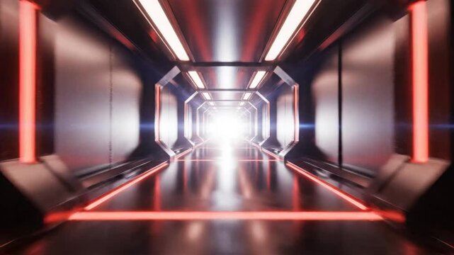 Futuristic spaceship corridor tunnel with red glowing lights.