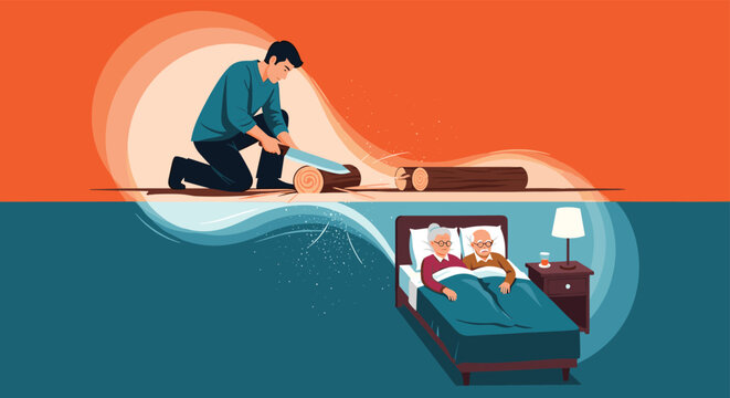 Creative illustration comparing a man's loud snoring to sawing a log of wood while a couple tries to sleep in bed.