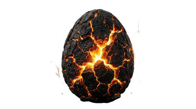 Cracked dragon egg with glowing lava, volcanic stone texture on white background, mystical fantasy creature egg with fiery orange light