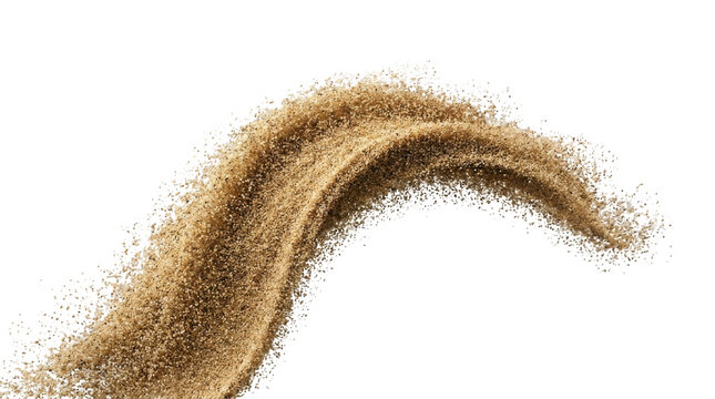 Brown sugar splash isolated on white background, falling organic cane sugar crystals, sweet granulated food ingredient in motion
