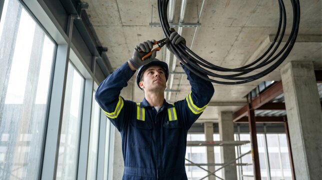 Electrician working on a construction site, cutting black electrical cables hanging from the ceiling, wearing a hard hat and uniform