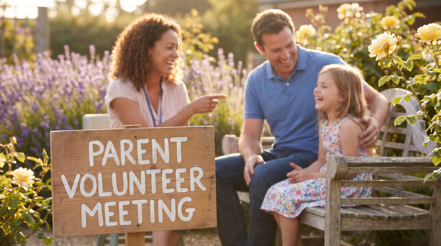 Happy family sitting on a wooden bench in a garden with a parent volunteer meeting sign in the foreground