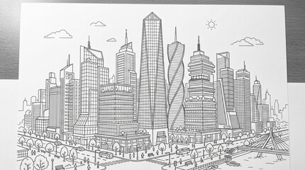 Fototapeta premium Detailed black and white sketch of a modern city skyline.