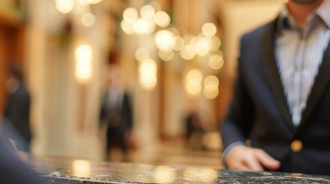 Closeup of two businessman shaking hands in luxury hotel loby reception desk