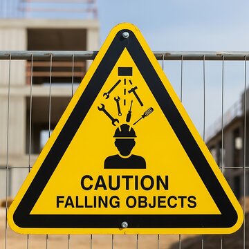 Yellow triangular caution sign warns of falling tools on a construction site